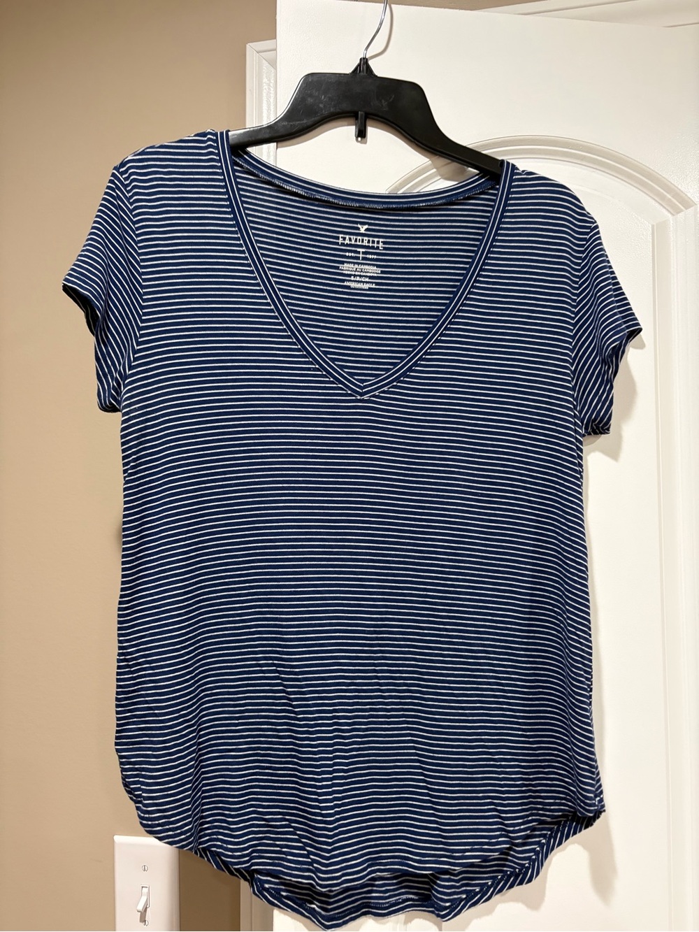 American Eagle Outfitters Navy & White Striped V-Neck Tee